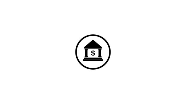 Bank building icon with animated circular loading lines on a white background.