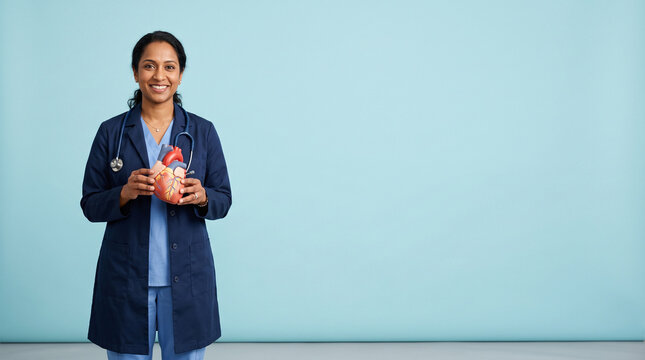 A female doctor in a blue uniform and white lab coat holding a plastic anatomical heart ad social media download thambnail poster web template event festival 2026 2027 2028