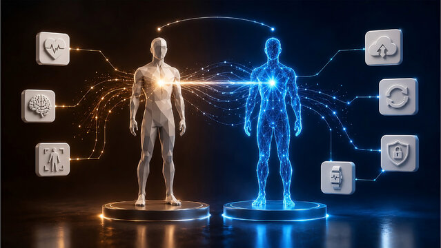 Digital Twin Human Avatar Technology Concept 3D Render Illustration, Biometric Sync Physical Digital Mirror Dark Split Background