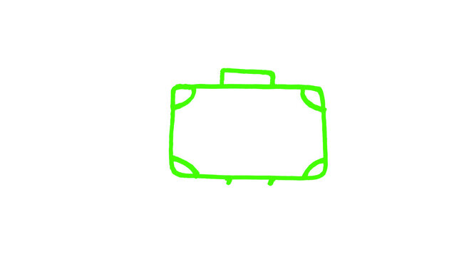 Green travel suitcase sketch drawn by hand and isolated on plain white, a cute freehand illustration with uneven playful outlines, a simple icon style for airline promotions, vacation invitations, bul