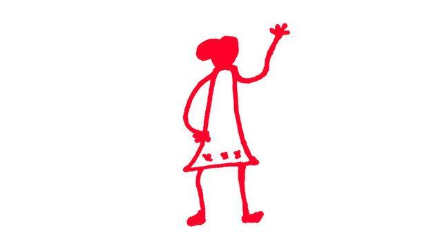 Hand drawn red stick figure girl in a dress waving hello doodle isolated on a clean white background, a simple marker style sketch with a natural handmade look, ideal for welcome messages, onboarding 