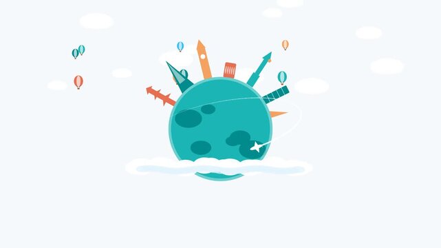 Animated flat globe with orbiting airplane and landmarks for global travel and tourism concepts earth