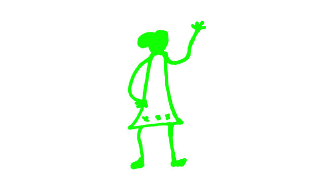 Freehand green stick figure girl in a dress waving hello illustration on white background, a charming line art doodle with a spontaneous handmade feel, a simple childlike character for storytelling, 
