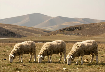 Fototapeta premium Sustainable agriculture and livestock farming, three sheep grazing on dry pasture in a rural landscape with rolling hills and natural environment