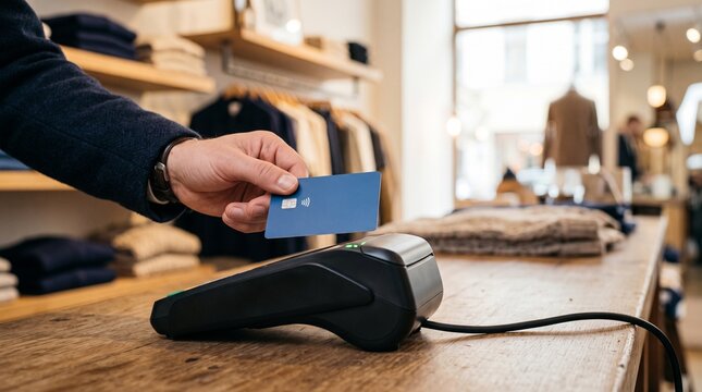 Man making contactless payment in fashion store managing personal finance with copy space