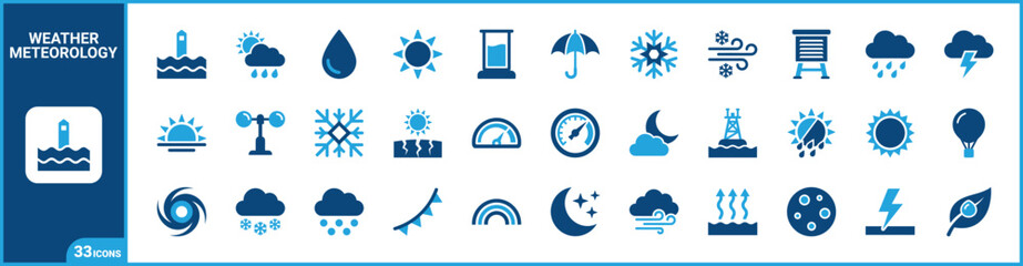 Obraz premium Atmospheric weather two-tone icon set. Filled glyph pictograms of meteorology, climate, temperature, and forecasting elements, blue duotone illustration.