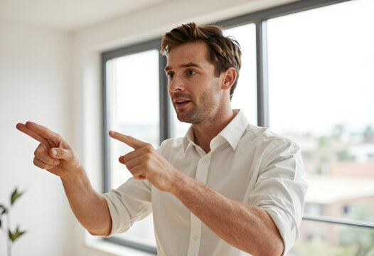 Communication and leadership, man pointing fingers to explain strategy or direction in a bright modern office with professional business attire