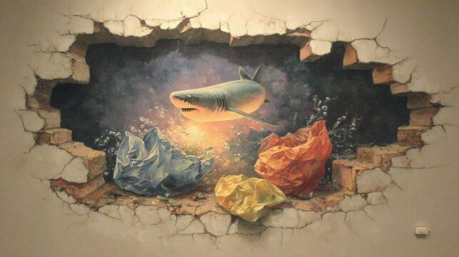 Great white shark 3D wall painting breaking through white stucco wall with deep blue ocean splash bubbles and blue red yellow plastic bags, environmental warning on ocean plastic pollution and ecology