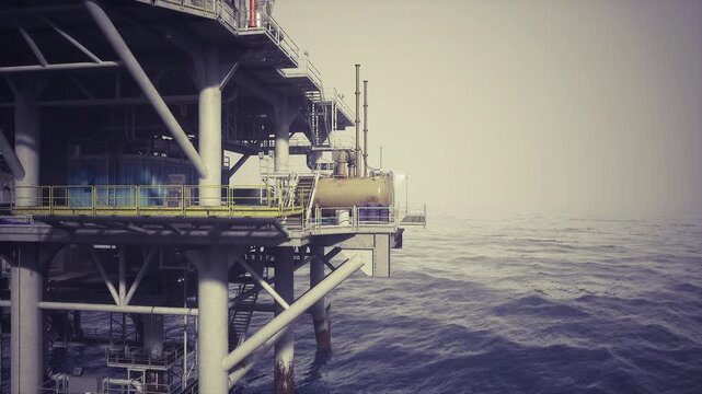 Oil rig platform under heavy clouds, waves crashing against support legs, emergency lights and reinforced braces visible, scene conveys strength and operational