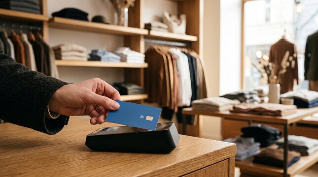 Smart pos transaction completing fashion purchase in sustainable local shop with copy space
