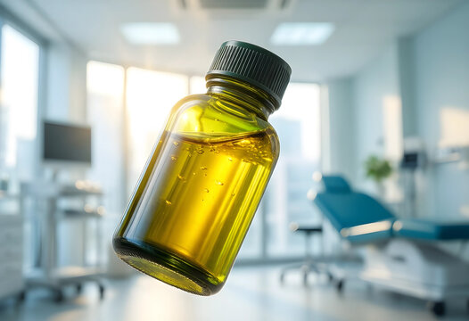 Healthcare innovation and pharmaceutical research, amber glass bottle with liquid medication in a modern medical clinic or laboratory setting