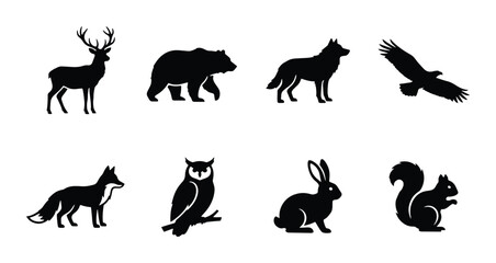 Obraz premium Wild Forest Animals Silhouettes, Woodland Creatures Vector Icons, Nature Wildlife Set