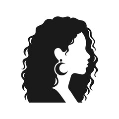 Fototapeta premium Silhouette profile of a woman with long curly hair and crescent moon earrings, ideal for beauty, fashion, salon logo, and modern feminine branding