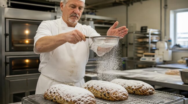 Baker dusting powdered sugar on stollen loaves in commercial bakery