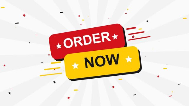Animated order now call to action button with confetti and sunburst background, for e-commerce shopping