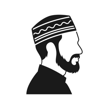 Side profile vector illustration of a bearded Muslim man wearing a traditional peci Islamic cap