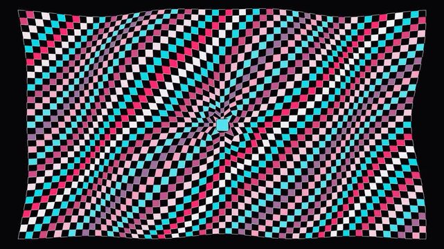 Hypnotic waving checkerboard pattern animation: colorful pastel squares spinning and distorting in an optical illusion background, for modern digital, and dynamic vj loops
