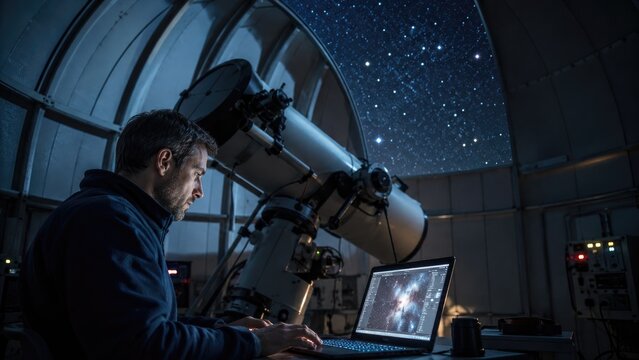 Astronomer inside observatory using a laptop to process telescope images beneath a starry night sky