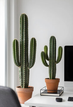 Biophilic office design and workplace wellness, green cactus plants on a desk with computer for productivity and stress reduction in a modern workspace
