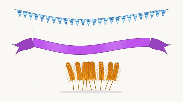 Festive oktoberfest celebration animation with blue bunting flags, purple ribbon banner, and swaying wheat stalks on white background, for seasonal party, invitations and event promo