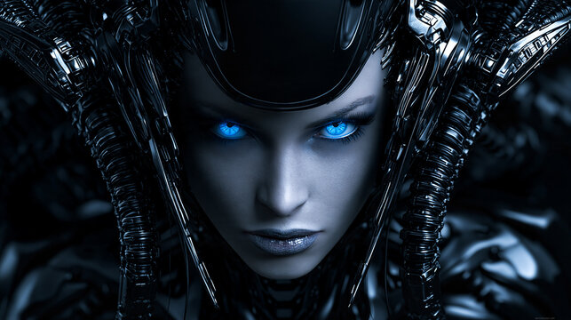 female alien with glowing blue eyes in biomechanical armor, futuristic alien warrior with black helmet and blue eyes, mysterious extraterrestrial woman in dark biomechanical armor