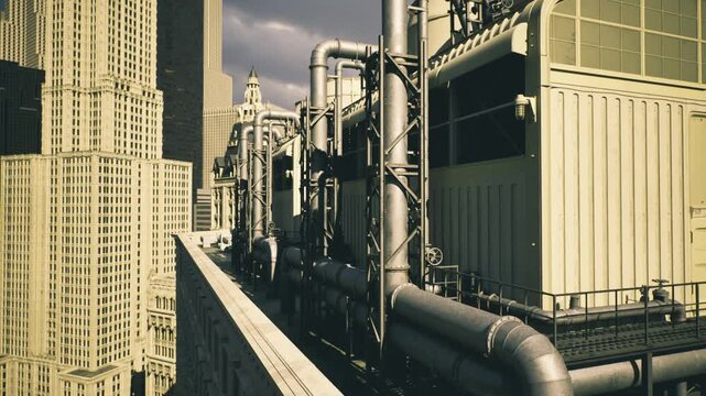 Rooftop energy equipment under dusky sky, condensers and compressors, warm reflections on metal, distant tower silhouettes, urban core mood