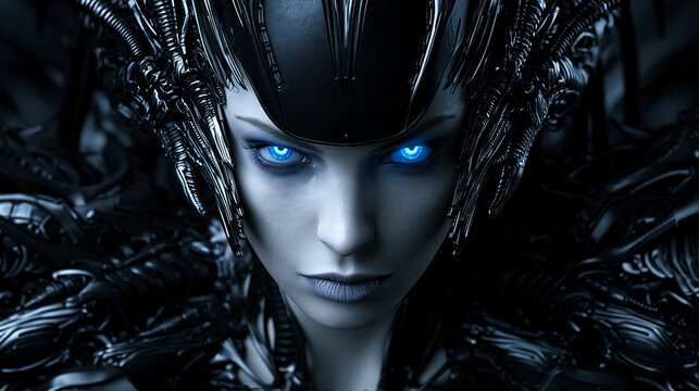 female alien with glowing blue eyes in biomechanical armor, futuristic alien warrior with black helmet and blue eyes, mysterious extraterrestrial woman in dark biomechanical armor