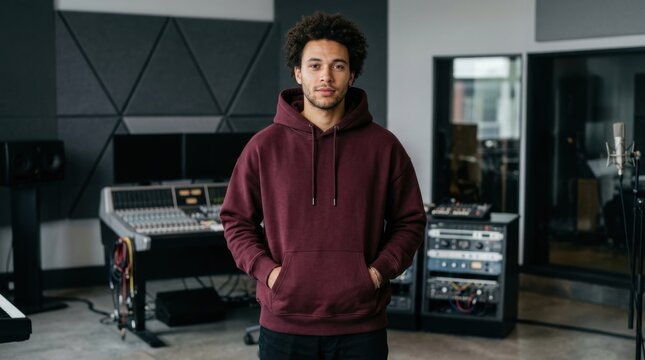 Young man in a burgundy hoodie standing in a recording studio with audio equipment.