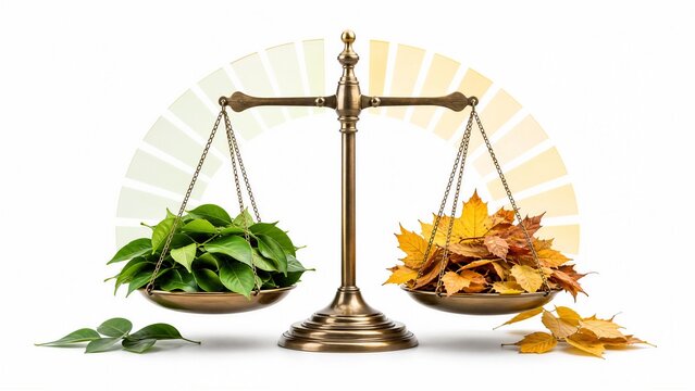 September equinox scale with green summer leaves and golden autumn foliage
