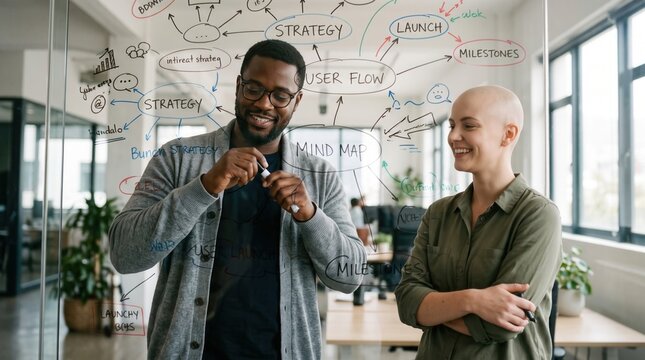 Colleagues finishing mind map strategy discussion