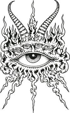 Horned Cyclops Demon Skull with Tentacles, Flames and Radiant All-Seeing Eye, Hand-Drawn Ink Illustration