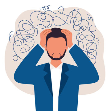 Businessman in stress, headache, anxiety, fear, exhaustion mental disorder and chaos flat vector illustration