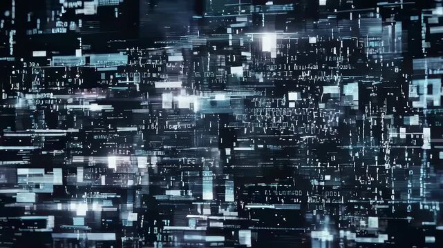Abstract digital data glitch animation with fragmented interface and flickering code. Futuristic cybersecurity concept for technology background.