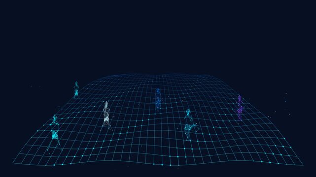 Digital wireframe wave with glowing node figures and abstract data grid network motion background mesh