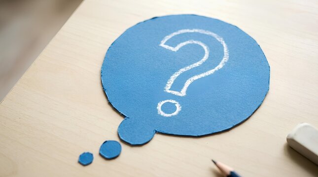 Blue paper speech bubble with question mark on desk.