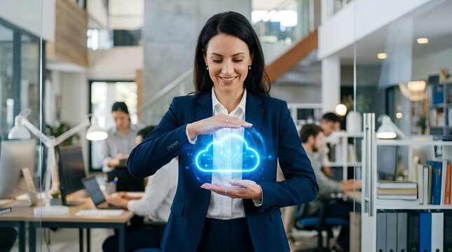Businesswoman holding glowing blue cloud icon for cloud computing.