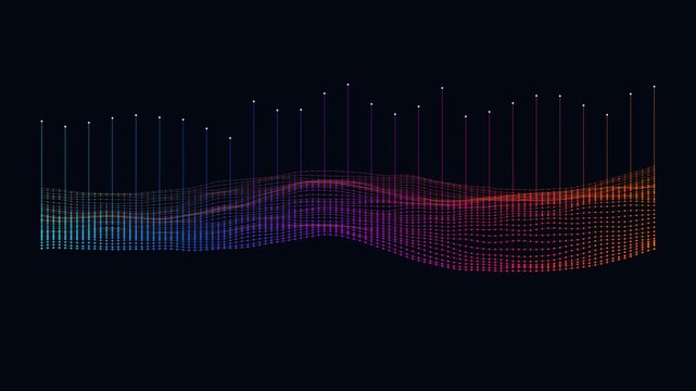 Futuristic data wave animation with glowing neon lines and digital audio equalizer spectrum background, for tech and, business presentations