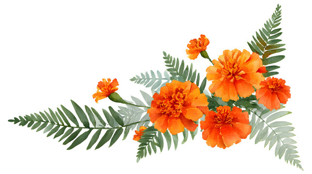 Delicate watercolor floral corner arrangement with orange flowers