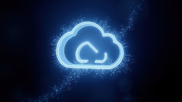 Bright neon cloud outline glows against dark background. Digital data streams radiate outward, creating dynamic visual effect.