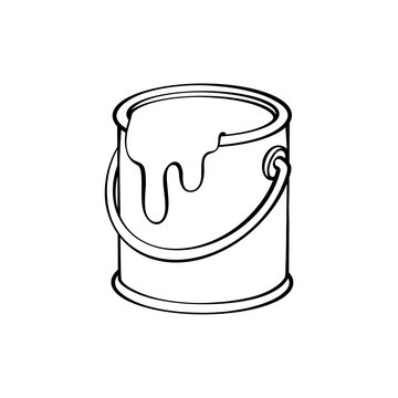 Black and white line art vector illustration of a paint can with dripping liquid for home improvement concept