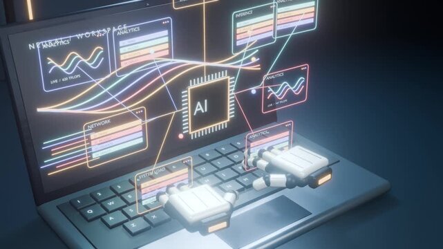 Futuristic artificial intelligence keyboard robot hands bg able to loop endless 4k