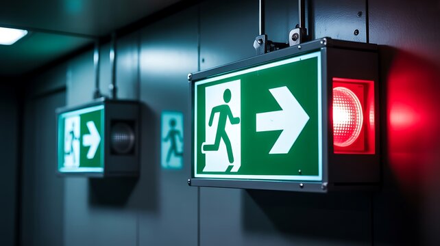 Emergency exit sign with directional arrows and warning light