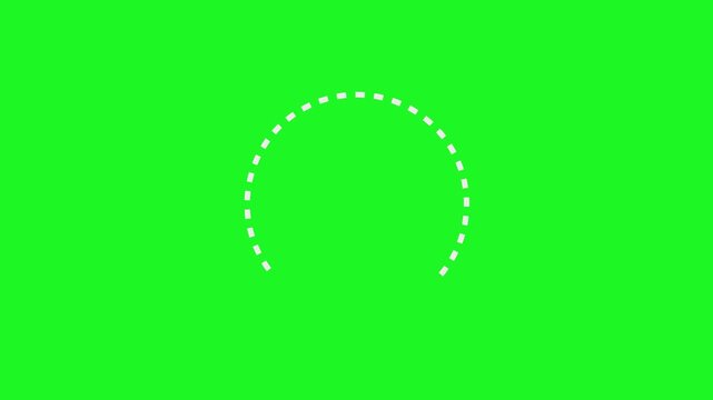 Animated white dashed line forming a circle on a green screen. Perfect for loading screens, progress bars, and buffering UI elements.
