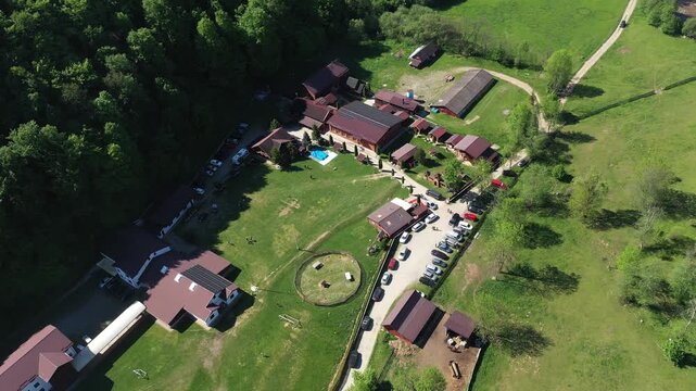 Aerial view of Transylvanian valley camping, a summer retreat in Romania 