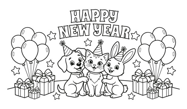 Line art design for Happy New Year featuring a dog, cat, and rabbit with gifts, balloons, and festive stars, perfect for greeting cards.