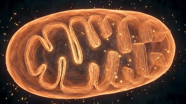 Close-Up Mitochondrion Organelle Generating ATP Energy with Glowing Inner Cristae Membrane