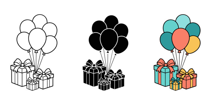 Gift boxes with helium balloons featuring line art silhouette and colorful variations for festive birthday party celebration or surprise event decorations.