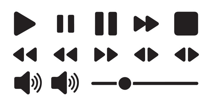 Vector media player interface elements including volume slider and playback buttons for website development.