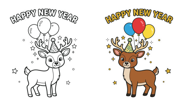 Cute deer with balloons and party hat for happy new year greeting design showcasing both outline and full color versions for festive holiday printing.