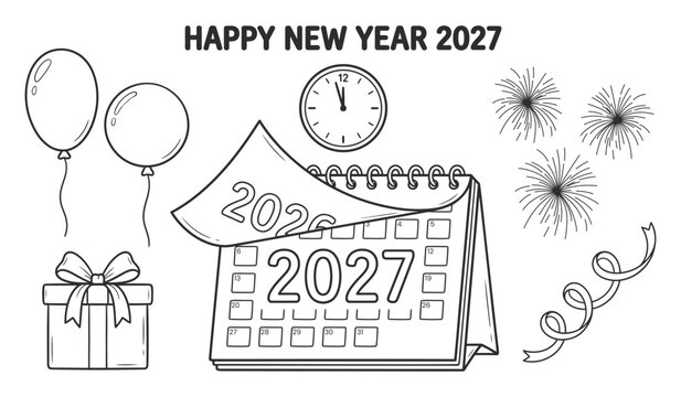 New year 2027 line art vector drawing design elements with calendar, clock, gift box, balloons, firework, and ribbon set on transparent background.